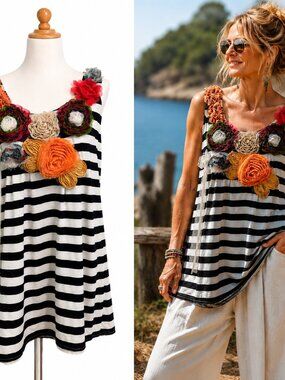 Feratelli Size Medium Striped Floral Tunic Tank Top Abstract Art Shirt Euro Chic